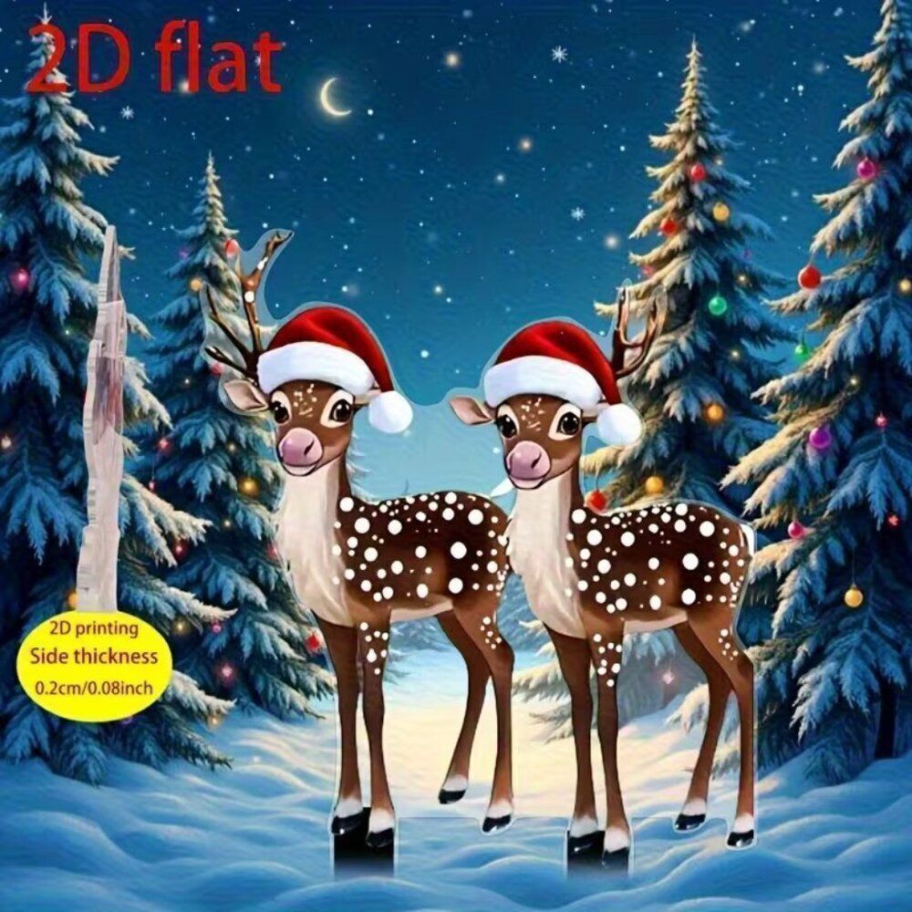 2D Festive Christmas Baby Deer in Santa Hats Garden Outdoor Stake